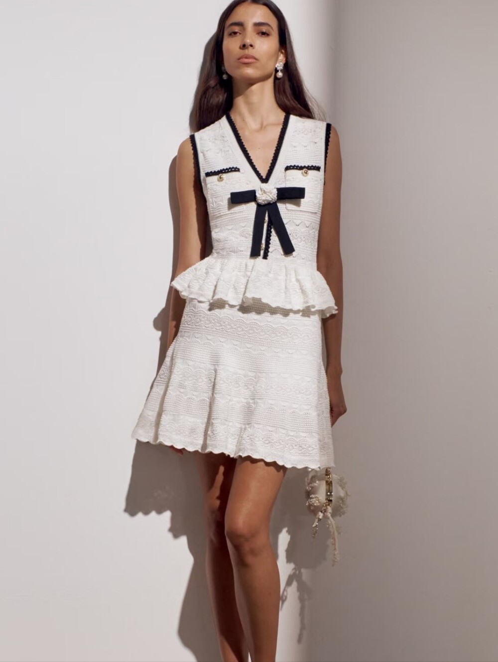 Self Portrait White Peplum Pointelle Knit Mini Dress - Picture 6 of 9